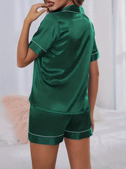 Heart Print Pajama Set Short Sleeve Buttons Top & Elastic Waistband Shorts