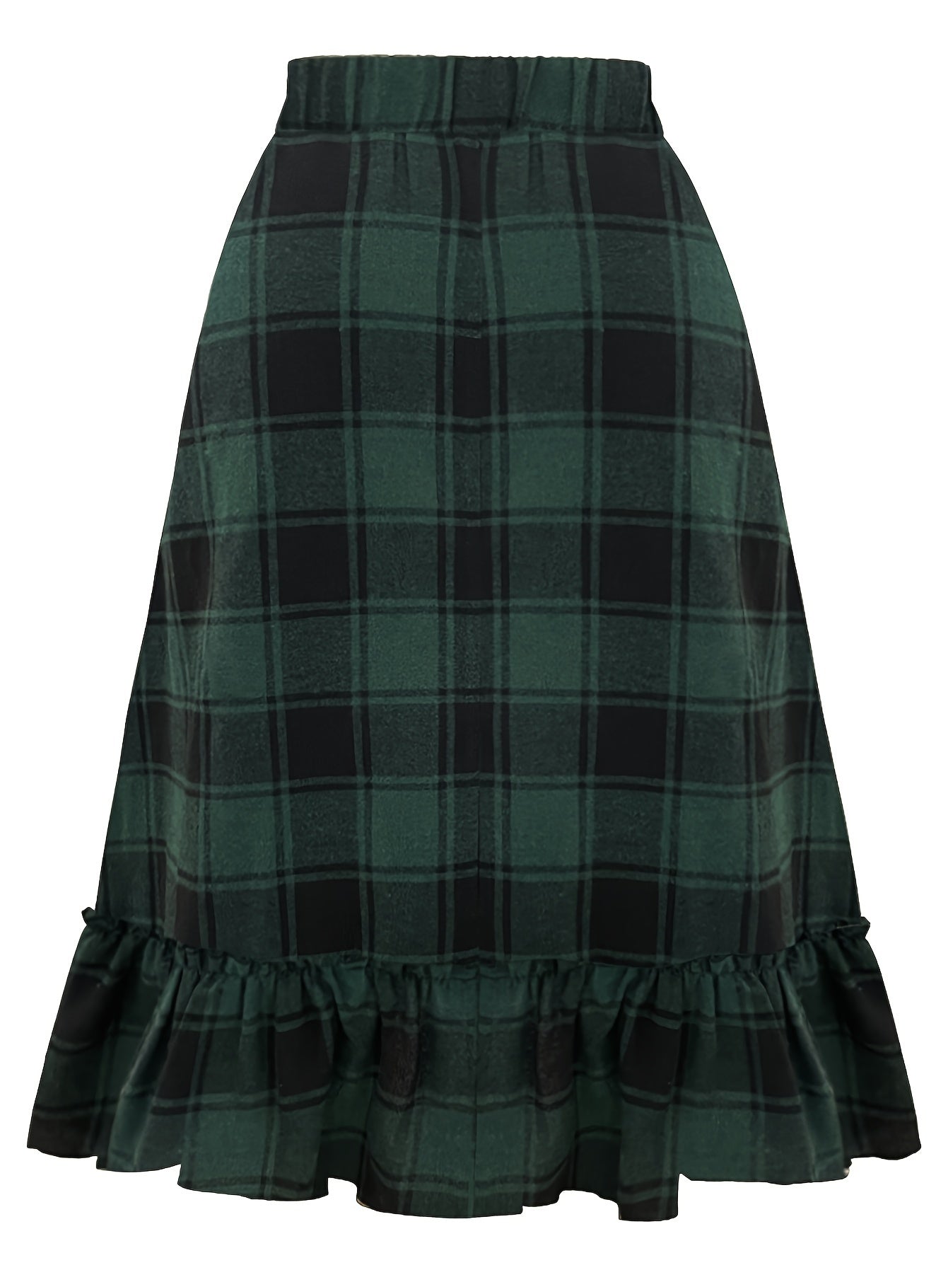  Plaid Print Ruffle Trim A line Maxi Skirt