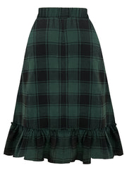  Plaid Print Ruffle Trim A line Maxi Skirt