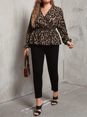 Leopard Print Lantern Sleeve Peplum Top