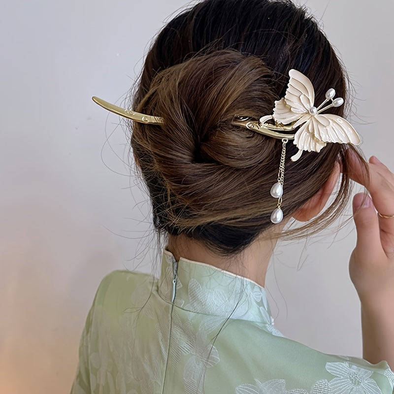 Chinese Vintage Butterfly Tassel Faux Pearl Hairpin Hanfu Antique Metal