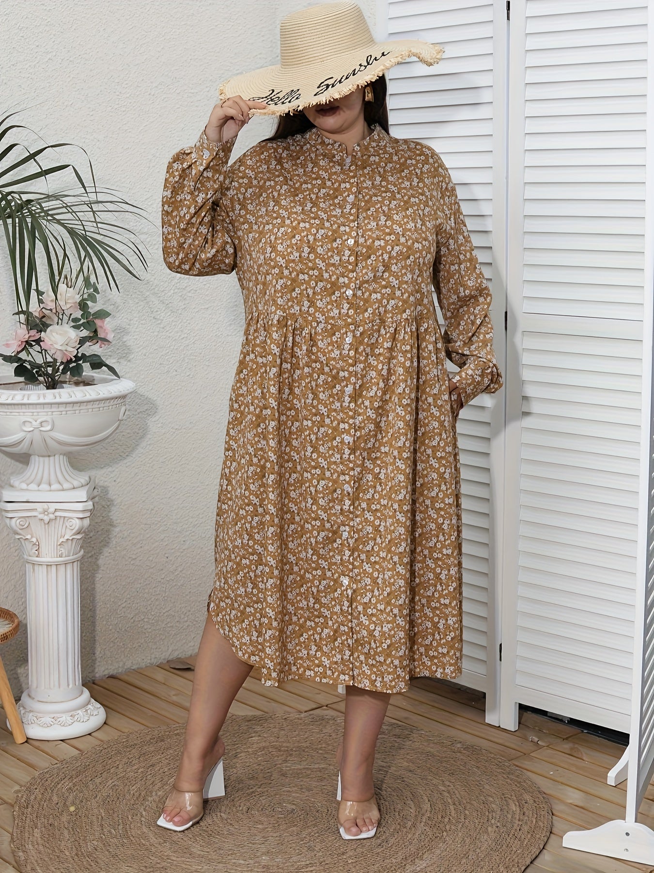  Floral Print Long Sleeve Shirt Dress