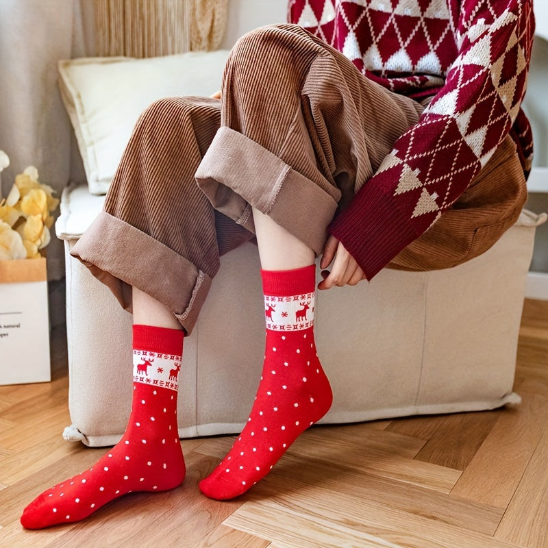 5 Pairs Christmas Print Socks Mid Tube Women's Stockings & Hosiery