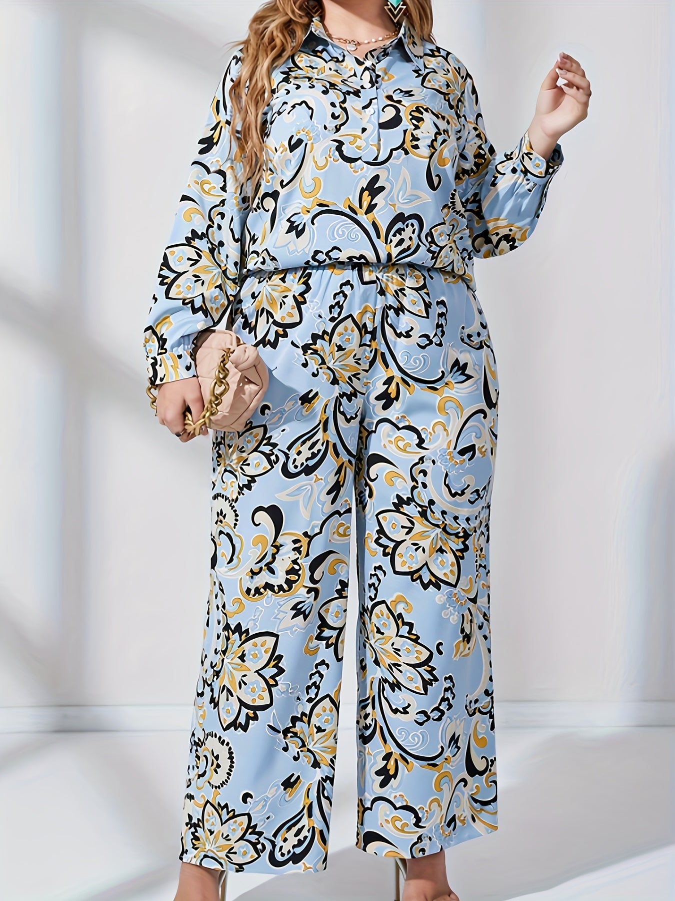 Floral Print Lantern Sleeve Blouse & Wide Leg Pants Set