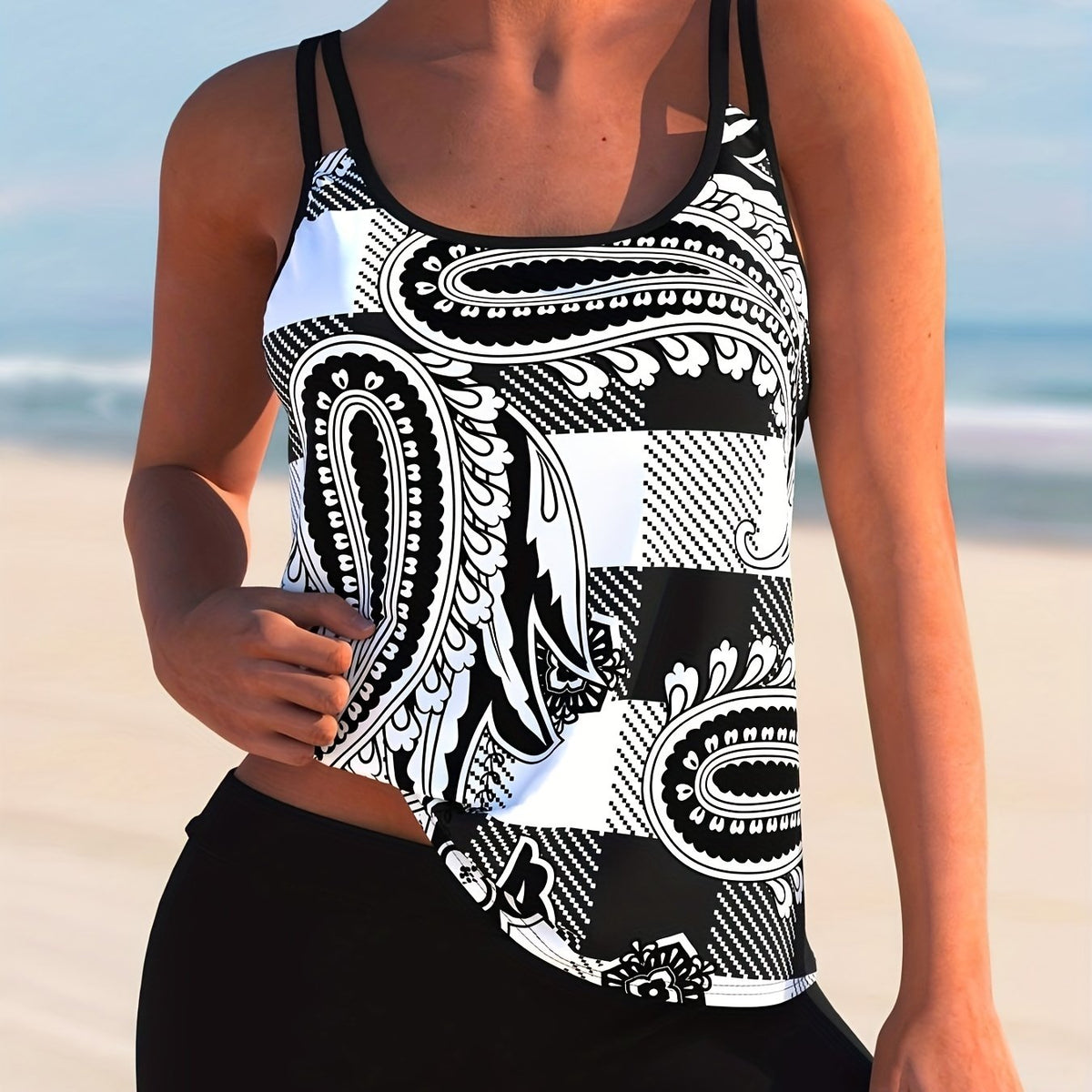  Paisley Print Tankini Set High Stretch Tank Top & Shorts Two Piece
