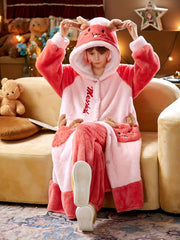  Christmas Pajamas Set Women's Plus Deer Raglan Sleeve Button Up Hooded