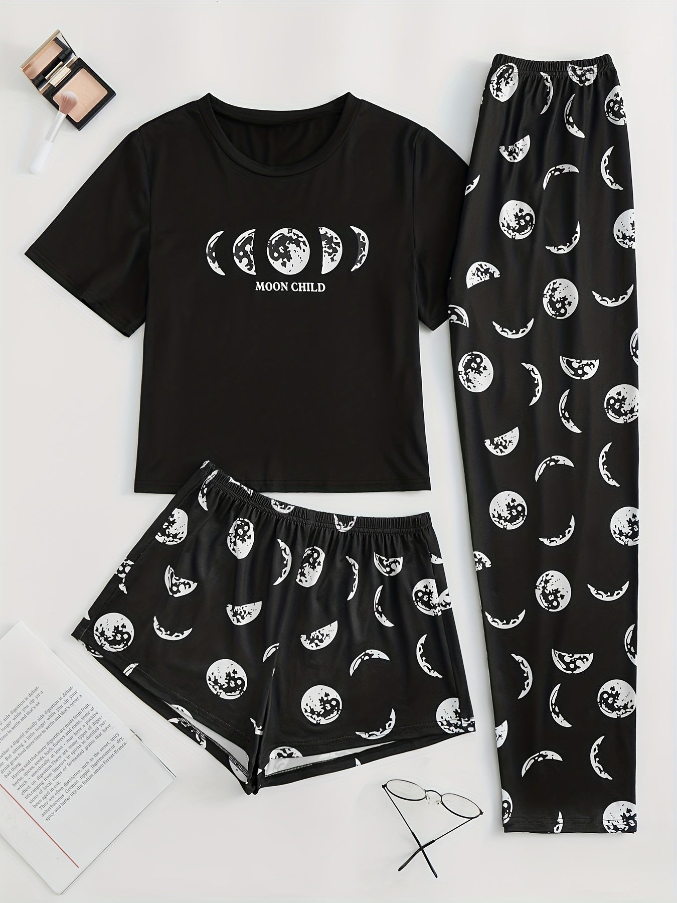  Moon Print Pajama Set Short Sleeve T-shirt & Shorts & Pants