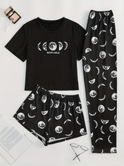  Moon Print Pajama Set Short Sleeve T-shirt & Shorts & Pants