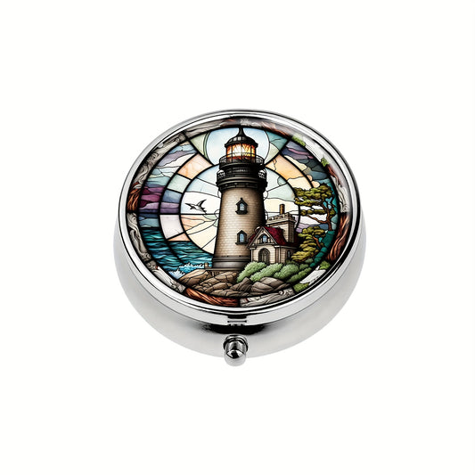 Lighthouse Round Pill Box 3 Compartment Mini Decorative Travel Pill Case