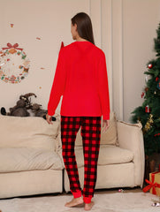 Christmas Elk Print Pajama Set Long Sleeve Top & Plaid Pants