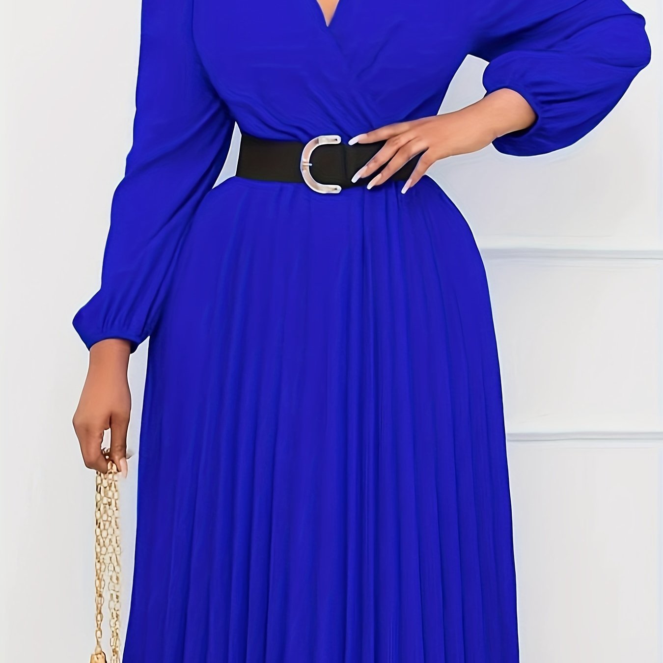  Solid Lantern Sleeve Pleated Dress