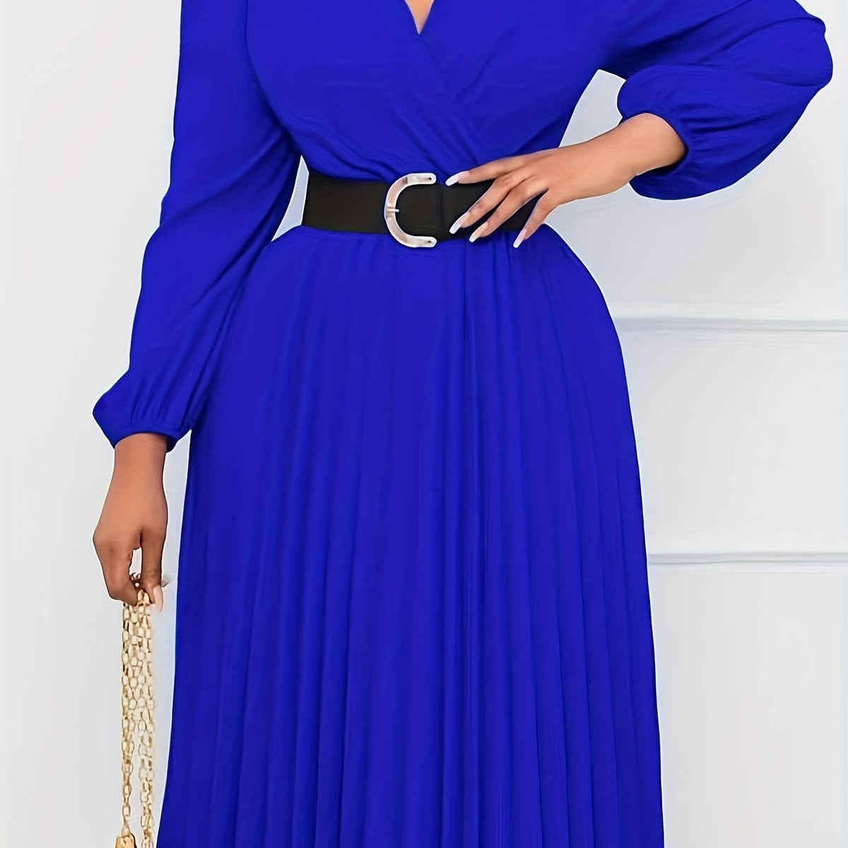  Solid Lantern Sleeve Pleated Dress