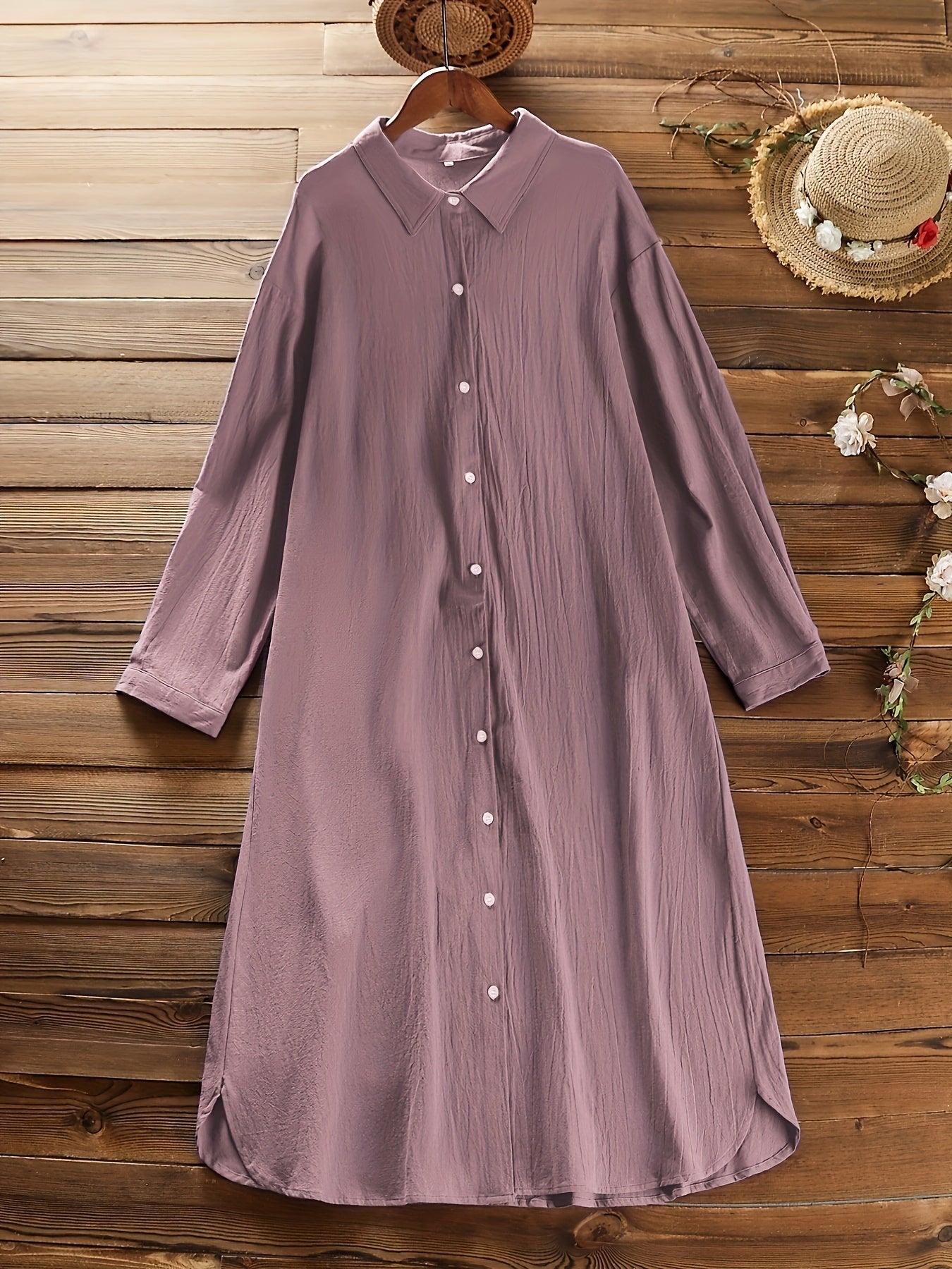  Solid Collared Button Up Shirt Dress