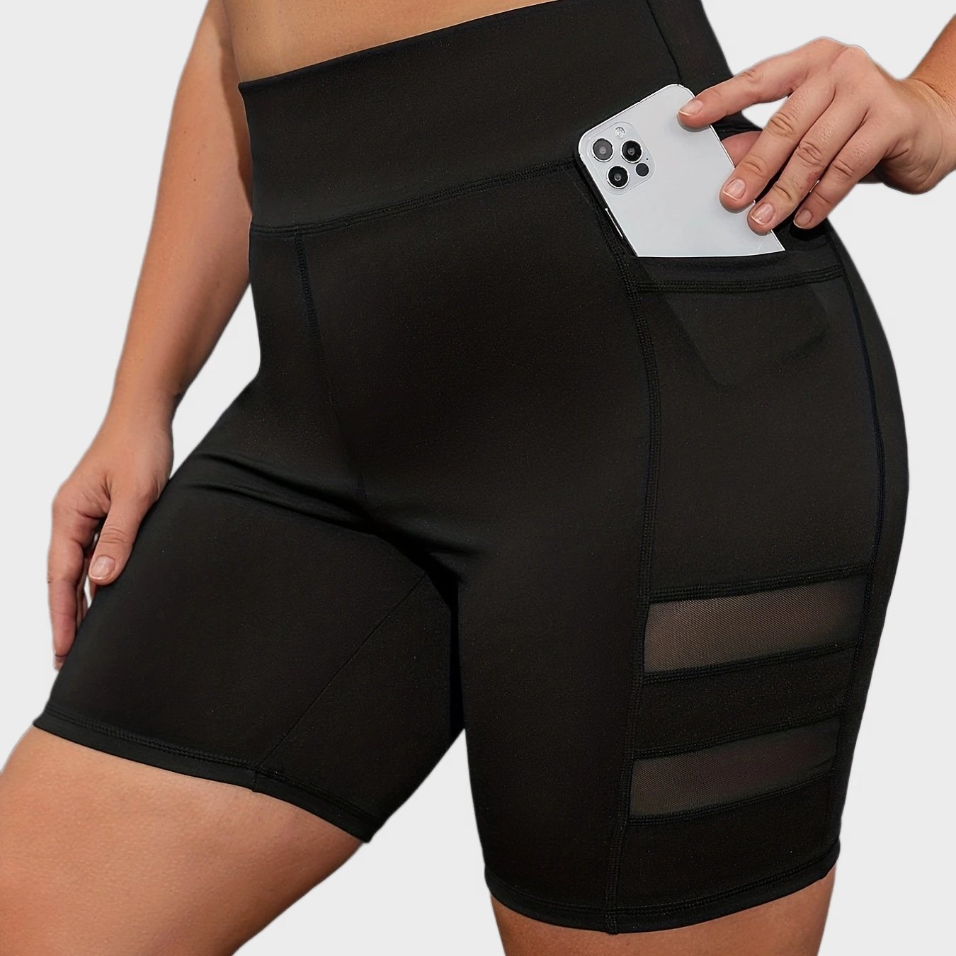  High Rise Mesh Contrast Sports Shorts with Pockets
