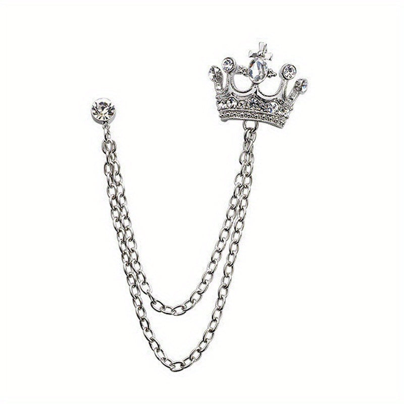 Men's Crystal Crown Tassel Brooch Pin Chain