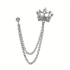 Men's Crystal Crown Tassel Brooch Pin Chain