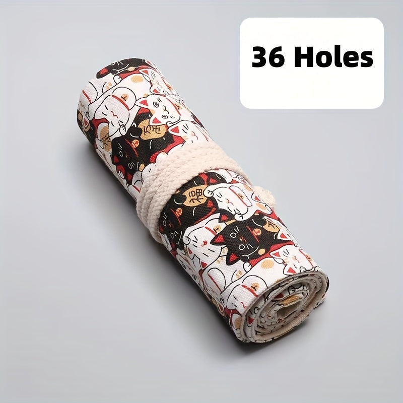 Lucky Cat Canvas Art Pen Curtain Pencil Case Large Capacity Storage Bag