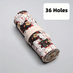 Lucky Cat Canvas Art Pen Curtain Pencil Case Large Capacity Storage Bag