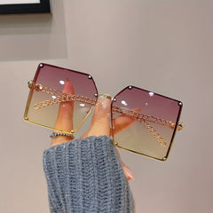 Ombre Lens Square Sunglasses UV400 Rivet Decor Glasses Chain