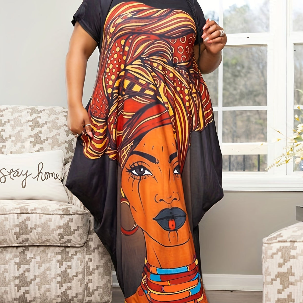  Figure Print Maxi Dress V Neck Ruched