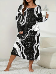  Lounge Dress Women's Plus Random Print Long Sleeve Crew Neck Sleep Dre