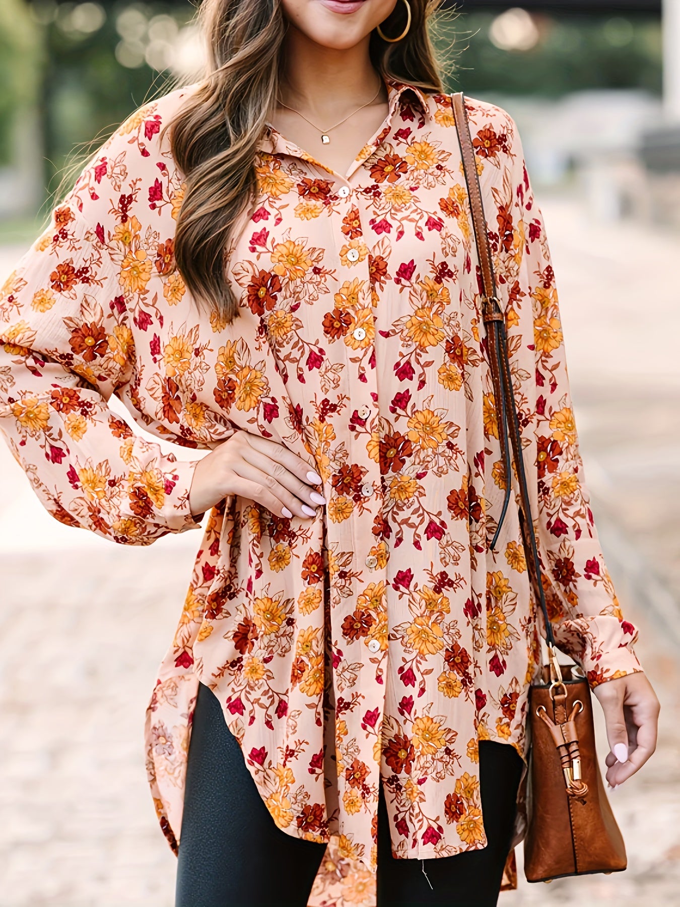  Ditsy Floral Print Long Sleeve Button Up Tunic Shirt Top