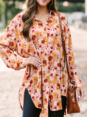  Ditsy Floral Print Long Sleeve Button Up Tunic Shirt Top