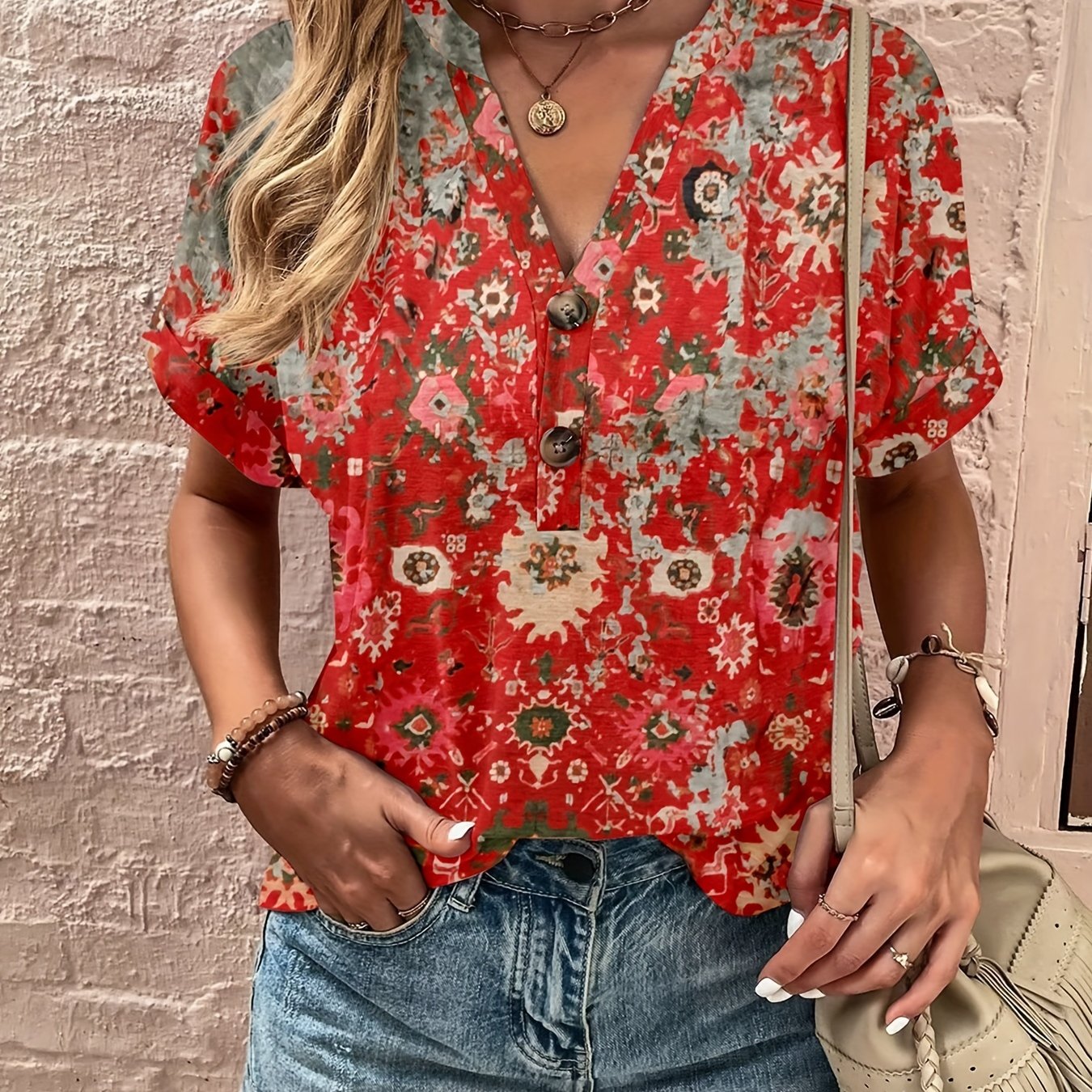  Boho Blouse Women's Plus Floral Print Top