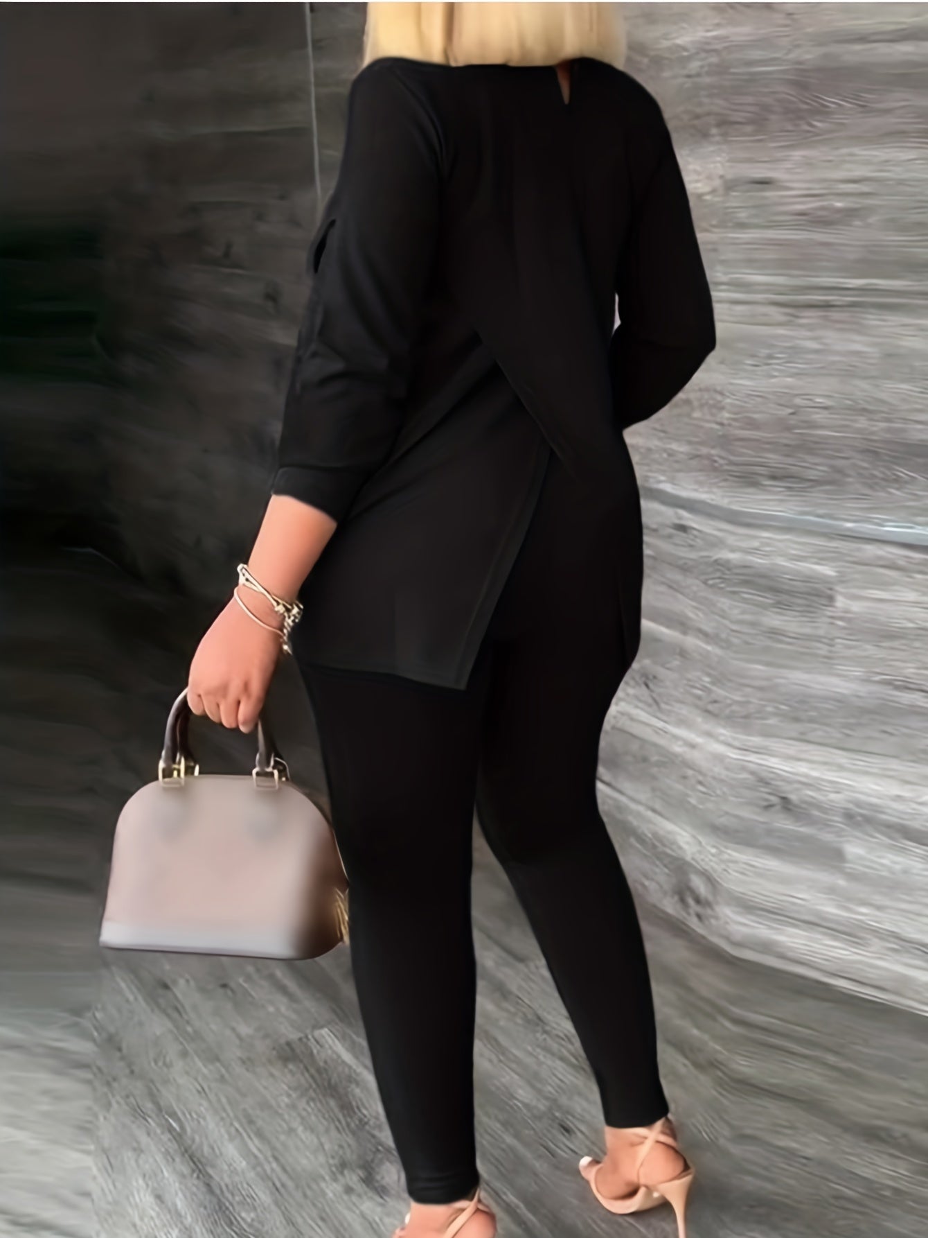  Solid High Neck Split Top & Skinny Pants 2pcs Set