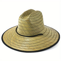 Green Striped Crochet Sun Hat Wide Brim Vintage Boho Straw Hat