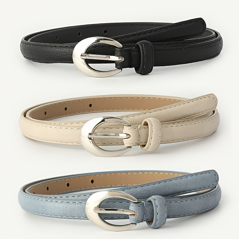 Women Belts PU Leather Silver Buckle Thin Belt Girls Dr...