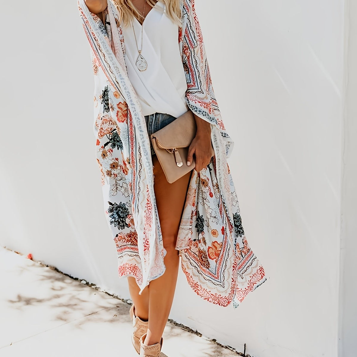 Floral Print V Neck Robes Loose Fit Non Stretch Kimono