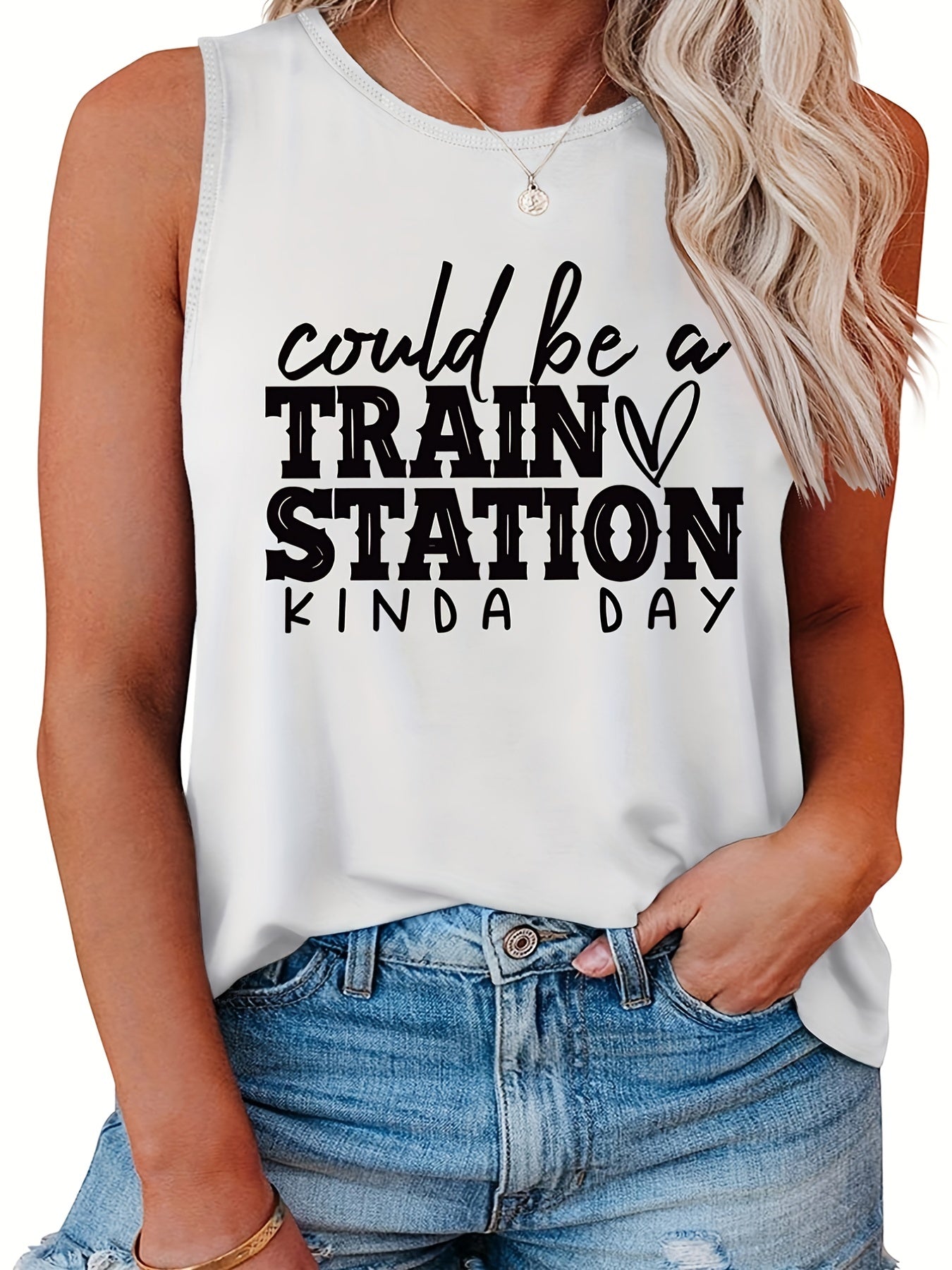  Casual Tank Top Women's Plus Slogan Print Round Neck Tank Top