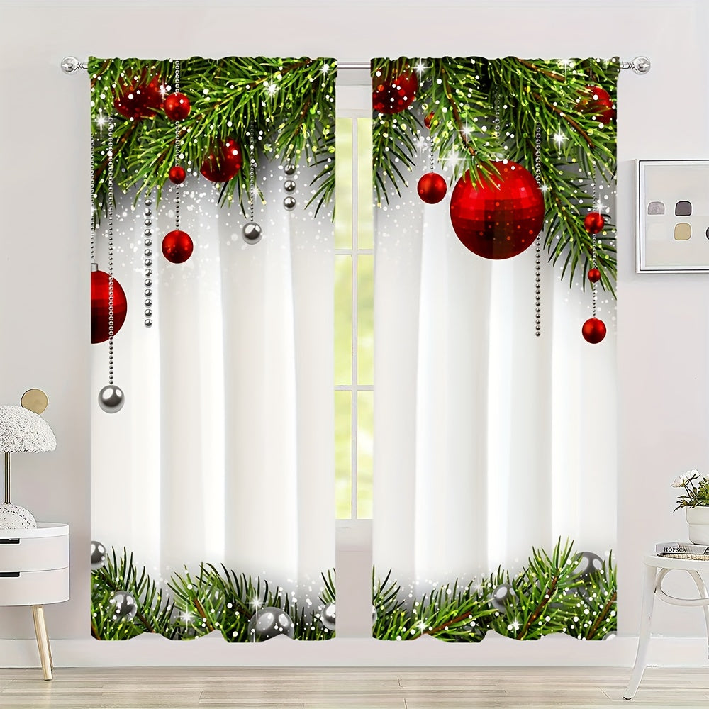 Christmas Red Ball Curtain Pine Leaves Rod Pocket Curtains