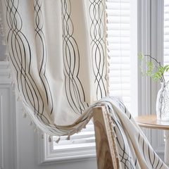 Boho Linen Striped Print Semi Blackout Cream Curtains With Beige Tassel