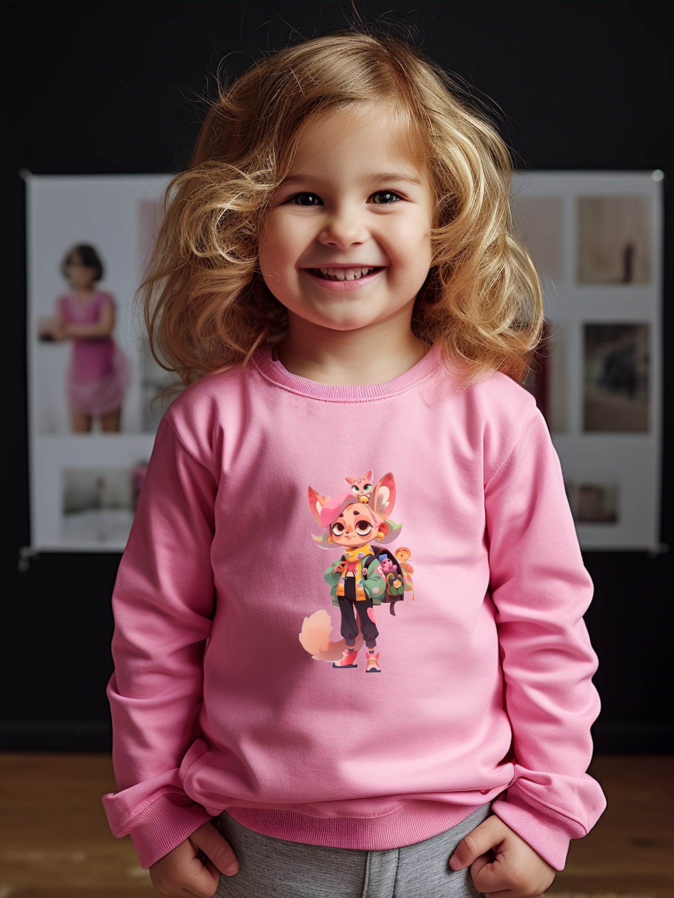 Cartoon Animal Print Girls Casual Pullover Sweatshirt Long Sleeve