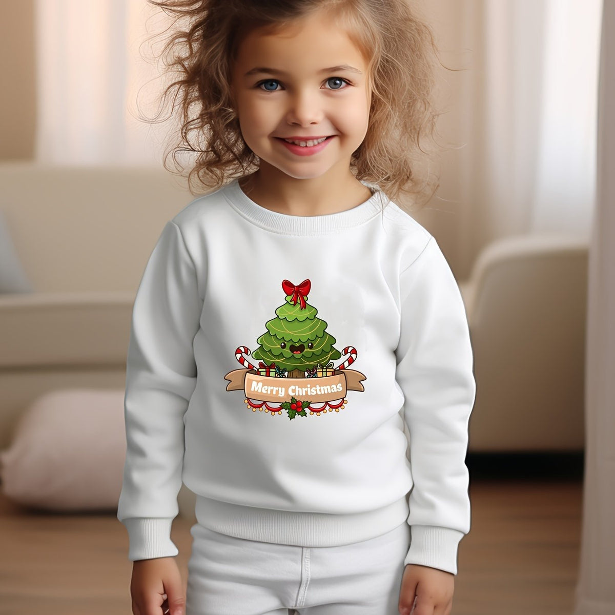 Candy Cane Tree Graphic Crew Neck Long Sleeve Sweatshirt for Kids
