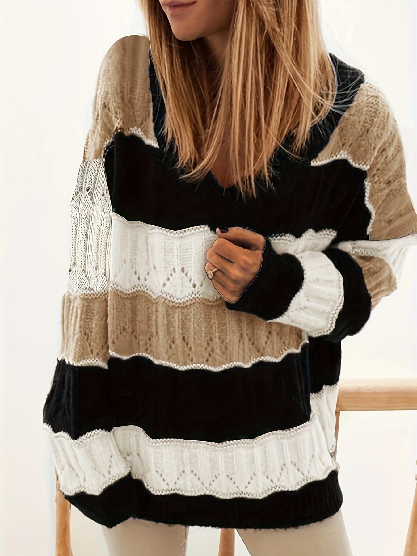  Colorblock V Neck Sweater High Stretch Jumper