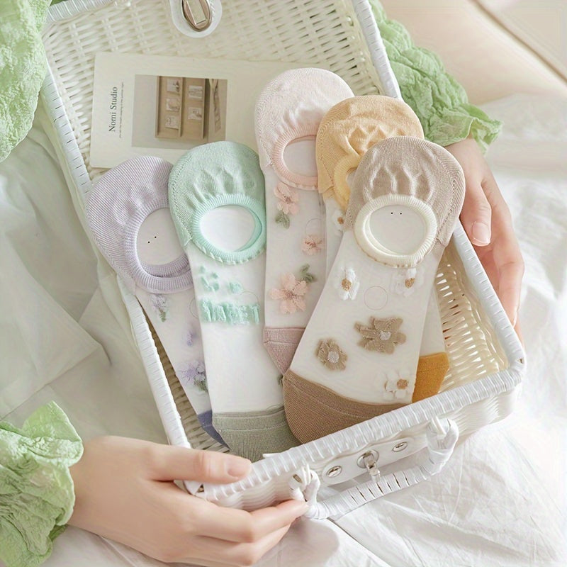 5 Pairs Small Flower Sheer Crew Socks Lightweight Breathable Boat Stockings