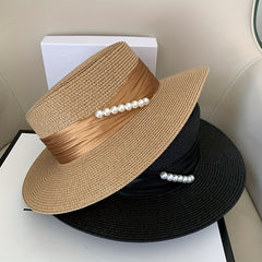French Style Sun Hats Faux Pearl Strap Decor Flat Top Jazz Straw Hat