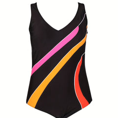  Stripe Print V Neck One Piece Swimsuit