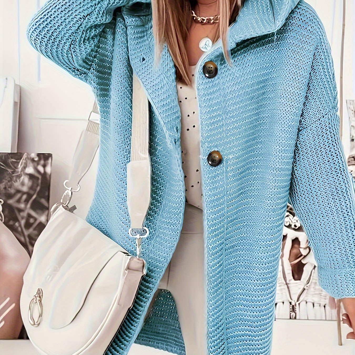  Solid Button Up Hooded Cardigan
