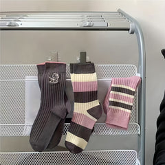3 Pairs Striped Crew Socks Mid Tube Women's Stockings
