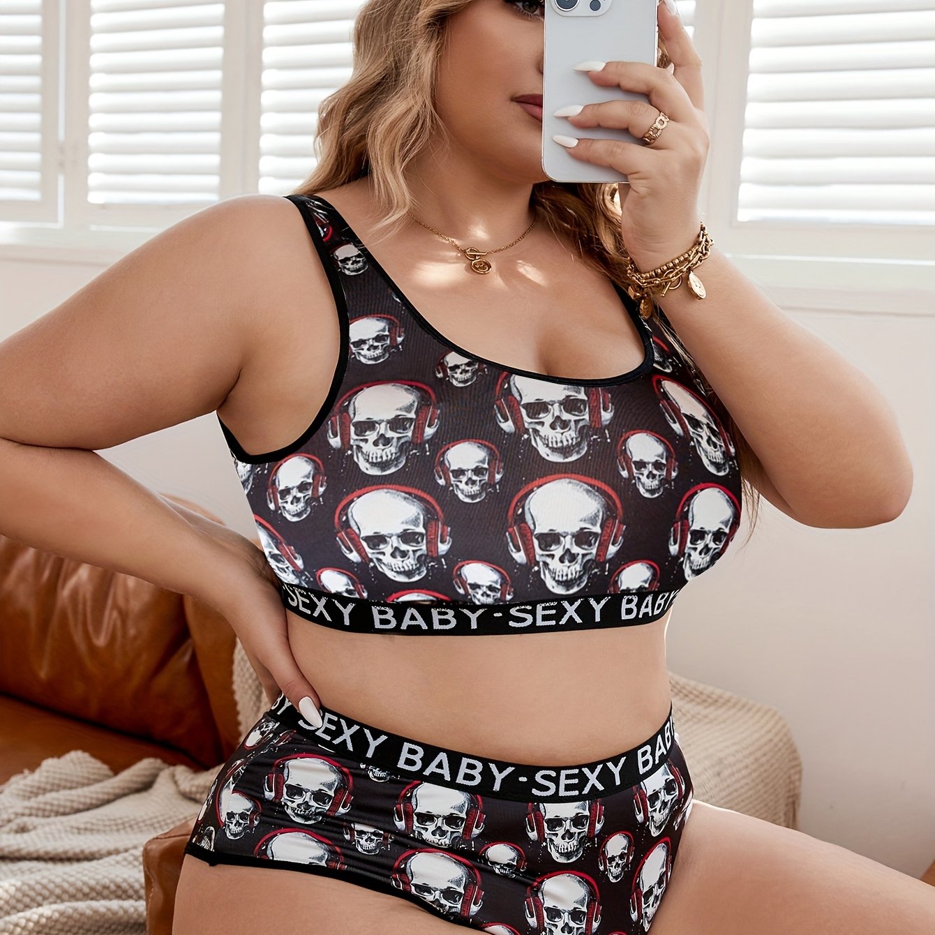  Gothic Lingerie Set Women's Plus Skull Print Tank Bra & Panty Set