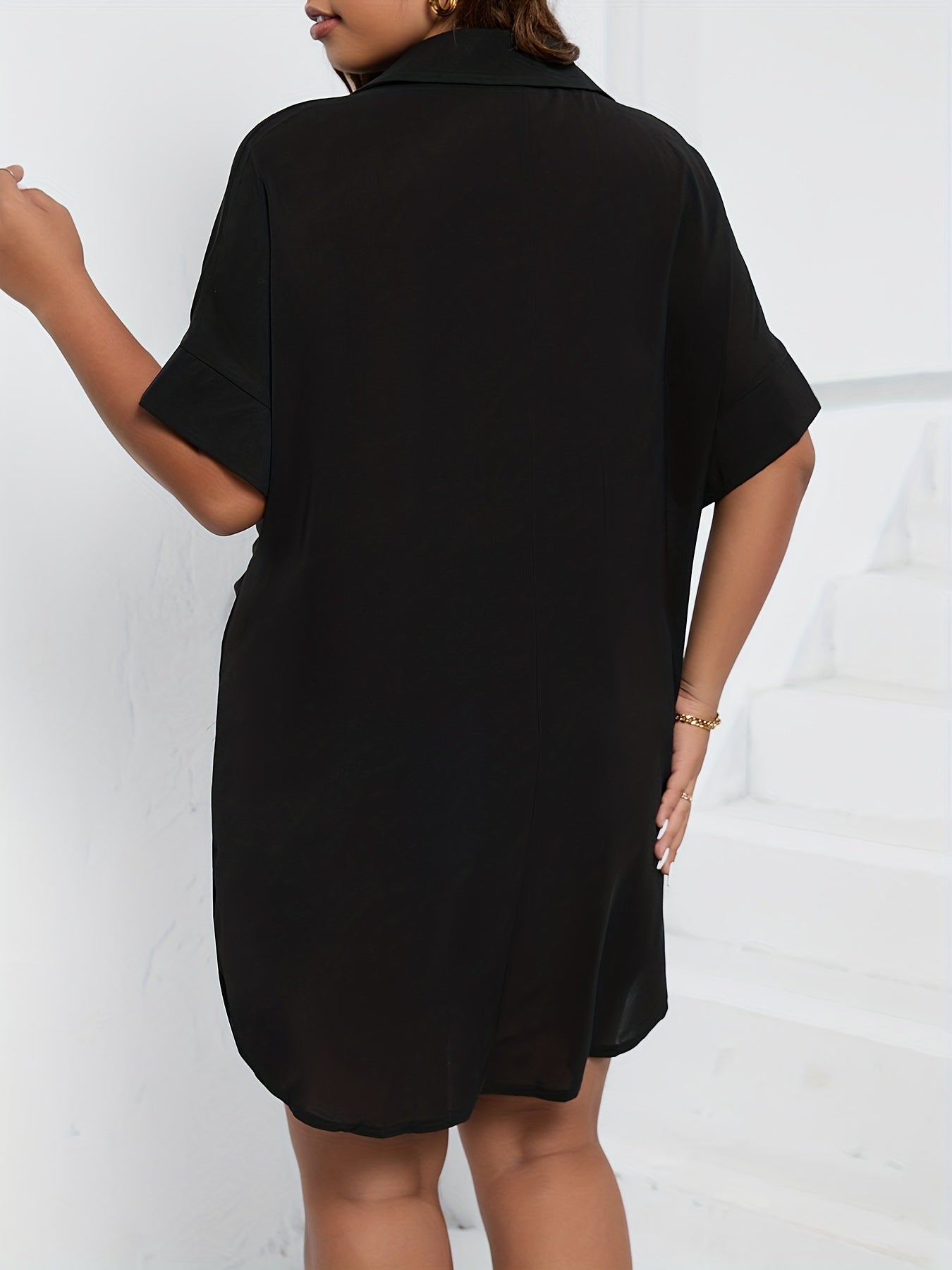  Twist Front Batwing Sleeve Button Up Collar Dress