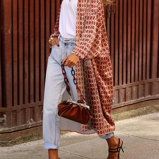  Geometric Print Long Cardigan