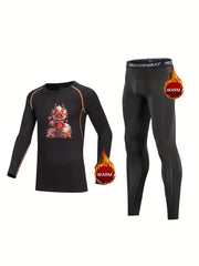 2pcs Kids Compression Fleece Sets Dragon Pattern Pullover & Pants