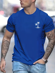 Palm Tree Pattern Top Casual Stretch Short Sleeve Crew Neck T shirt