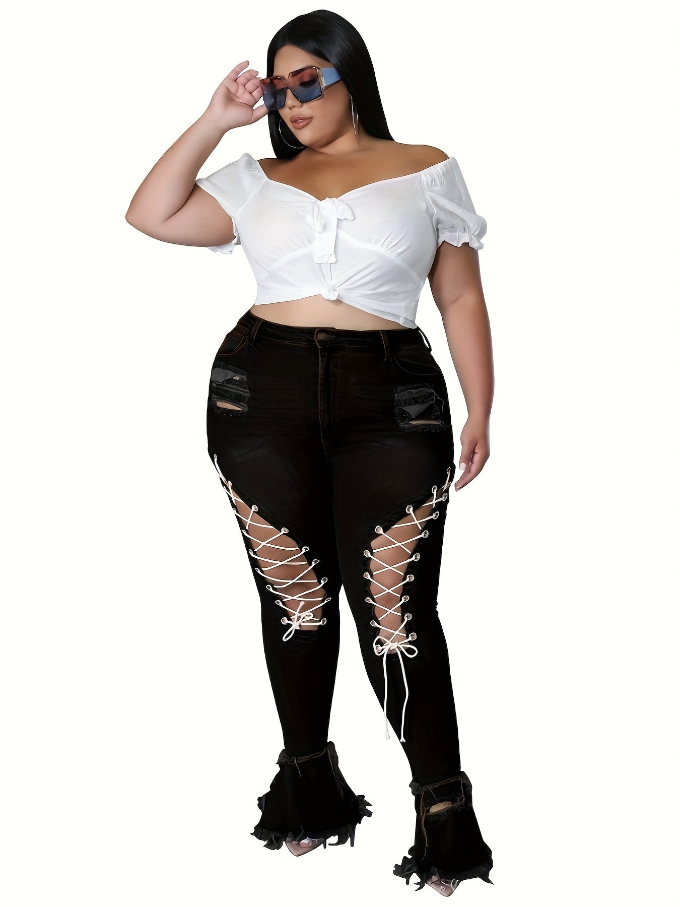  Criss Cross Ripped Flared Jeans High Rise Sexy Jeans