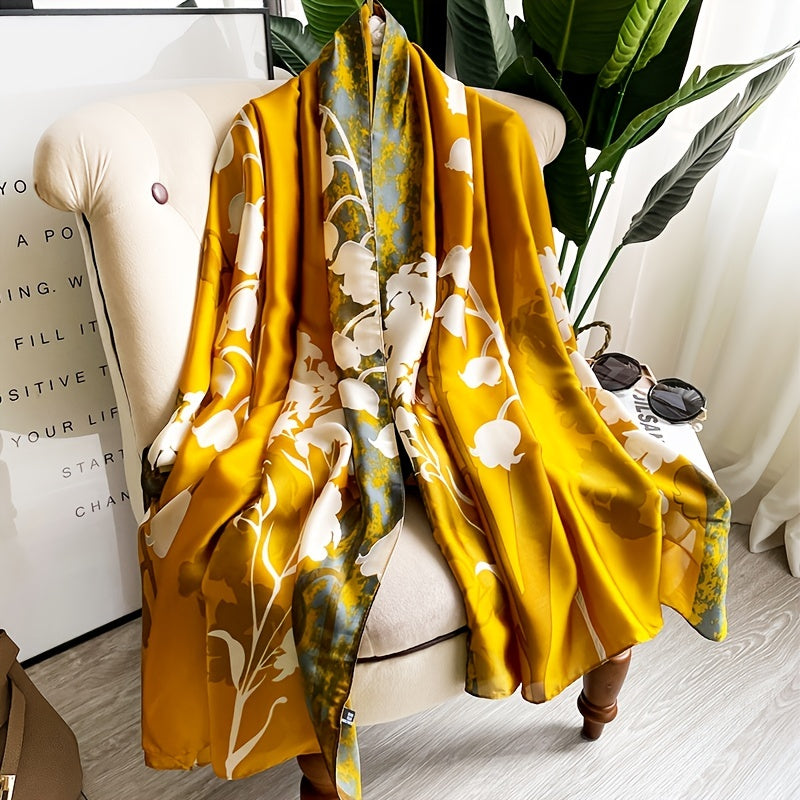 Golden Flower Print Satin Scarf Sunscreen Shawl Beach Head Wrap